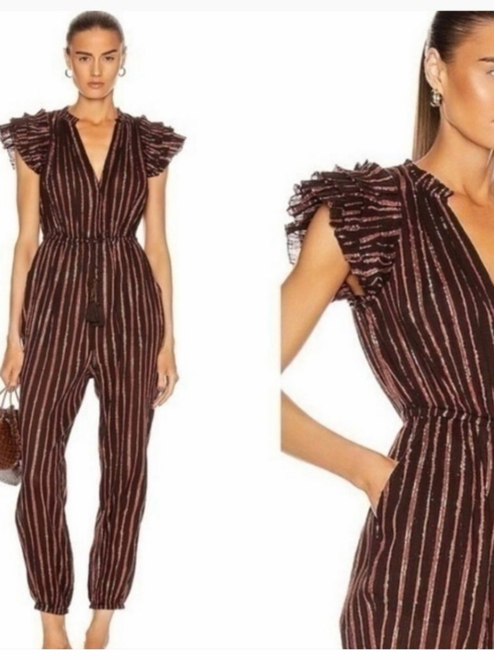 Ulla Johnson Elio Jumpsuit Chocolate Metallic Stripe Size 0 | Designer One-Piece